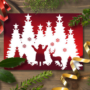 Santa and Reindeer Red Christmas Silhouette Holiday Card