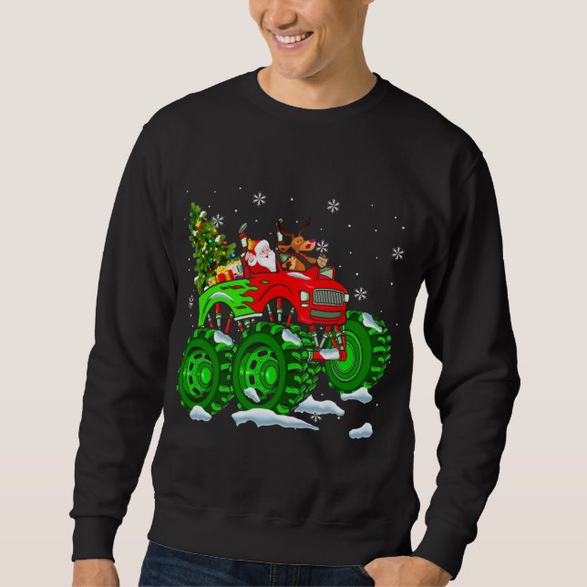 Santa And Reindeer Riding Monster Red Truck Funny  Sweatshirt (Front)