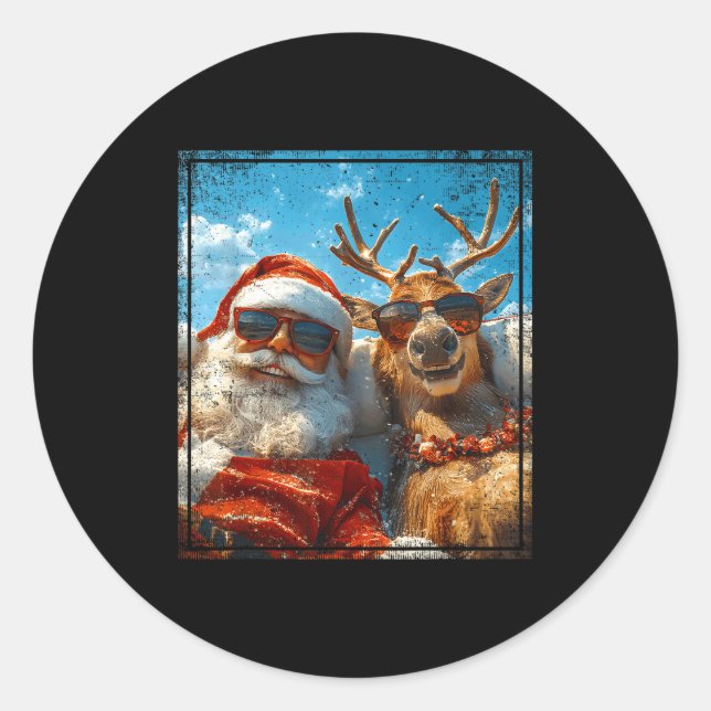 Santa And Reindeer Selfie Funny Christmas Vacation Classic Round Sticker (Front)