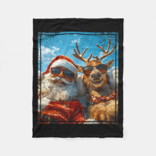 Santa And Reindeer Selfie Funny Christmas Vacation Fleece Blanket