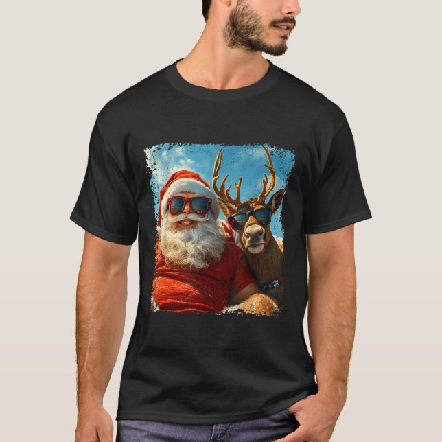 Santa And Reindeer Selfie Funny Christmas Vacation T-Shirt (Front)