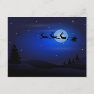 Santa and Reindeer Silhouette Against Full Moon Holiday Postcard