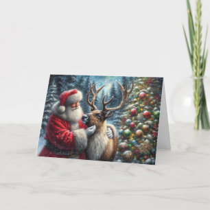 Santa And Reindeer, Snowy Forest, Christmas Tree 2 Holiday Card