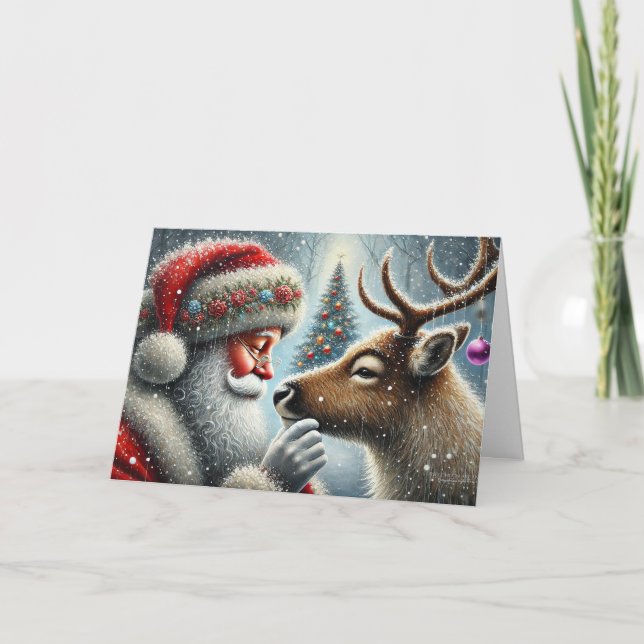 Santa And Reindeer, Snowy Forest, Christmas Tree 4 Holiday Card (Front)