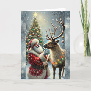 Santa And Reindeer, Snowy Forest, Christmas Tree 8 Holiday Card