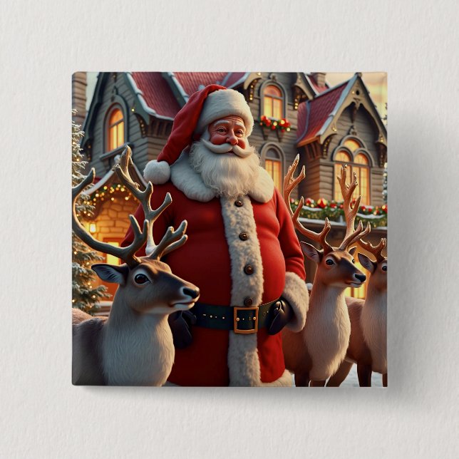 Santa and Reindeer Square Button (Front)
