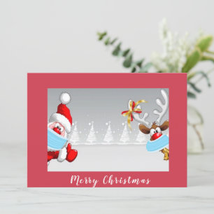 Santa and reindeer wearing corona mask christmas card