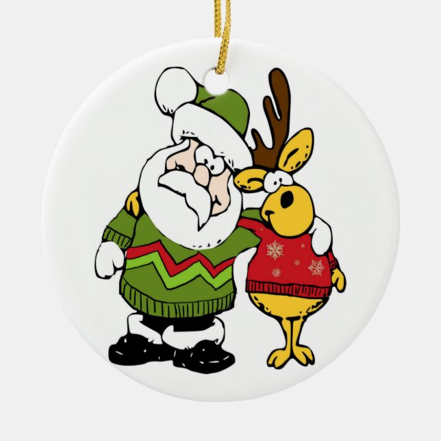 Santa and Reindeer Wearing Ugly Christmas Sweaters Ceramic Ornament (Front)