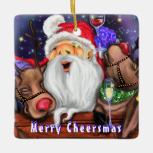Santa and Reindeers Christmas Funny Party - Cheers Ceramic Ornament