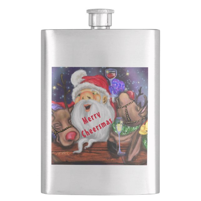 Santa and Reindeers Funny Christmas Flask (Front)