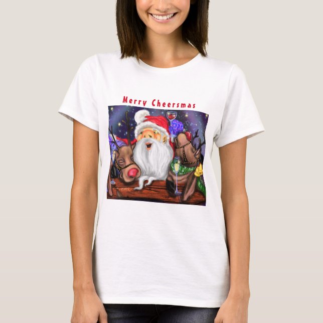 Santa and Reindeers Funny Christmas T-Shirt (Front)