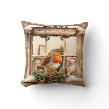 Santa And Robin Christmas Throw Pillow