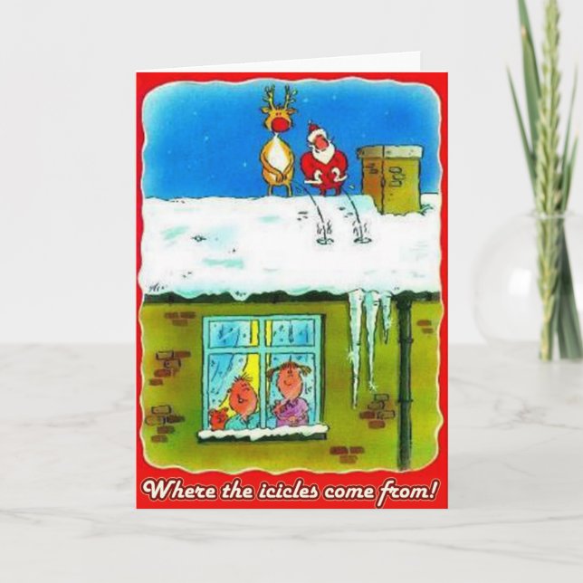 Santa and Rudolf Pees on Roof Greeting Card (Front)