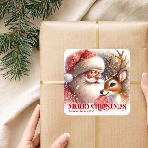 Santa and Rudolph Custom Christmas Party Favor Square Sticker