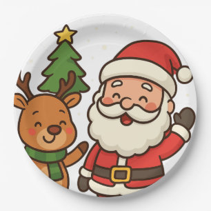 Santa and rudolph white paper plate