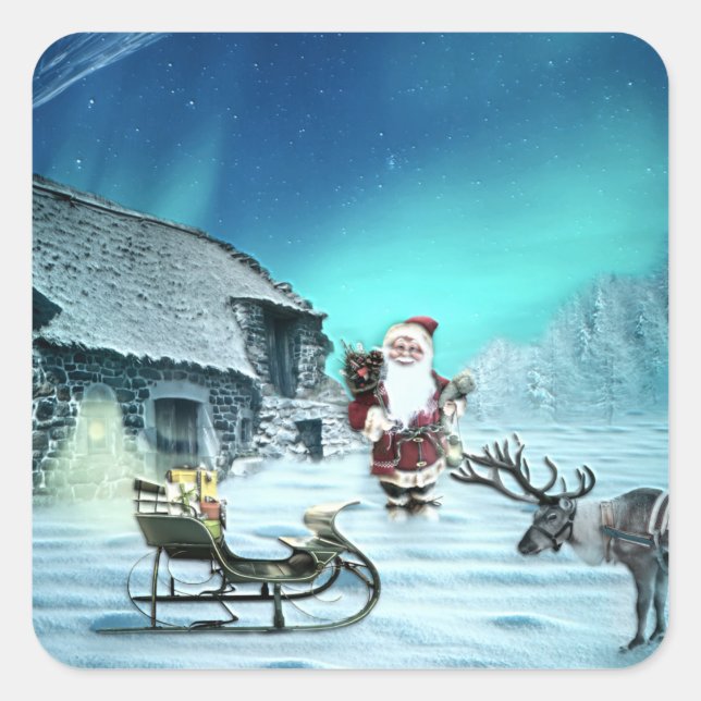 Santa and Rudolph with Sled Square Sticker (Front)