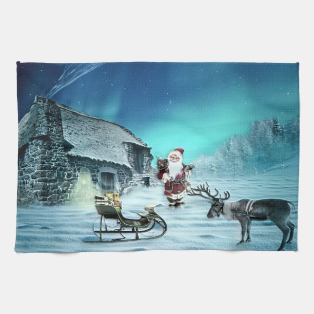 Santa and Rudolph with Sled Tea Towel (Horizontal)