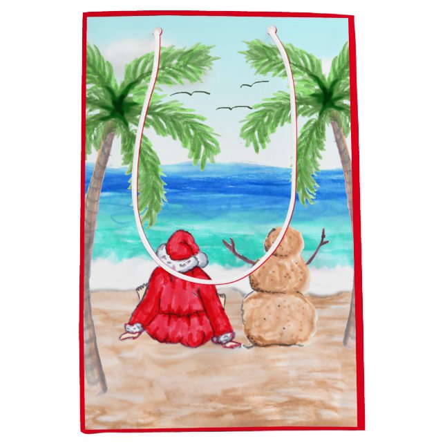 Santa and Sand Snowman on Beach Christmas Medium Gift Bag (Front)