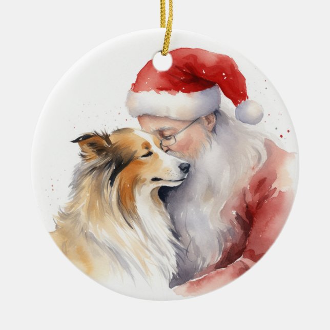 Santa and Sheltie Ceramic Ornament (Front)
