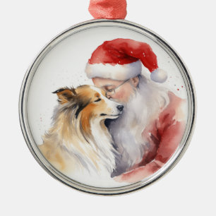 Santa and Sheltie Metal Ornament