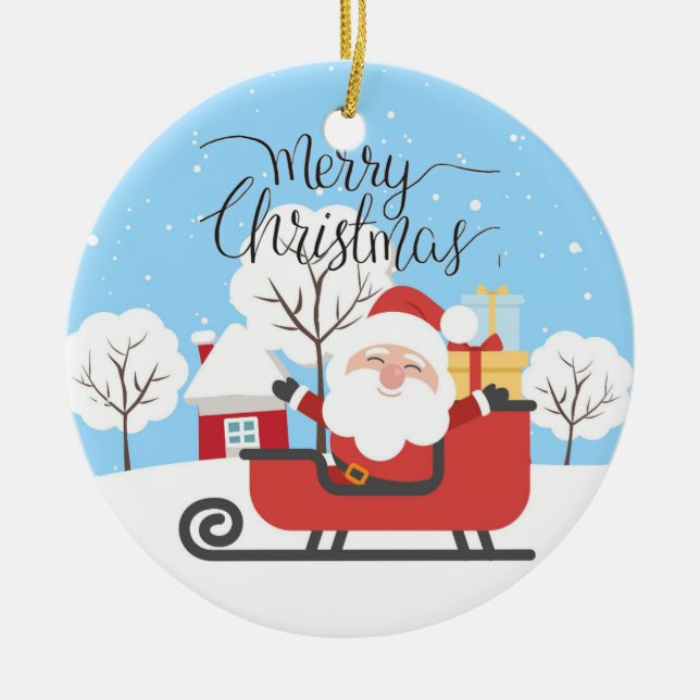 Santa and Sleigh Ceramic Ornament (Front)