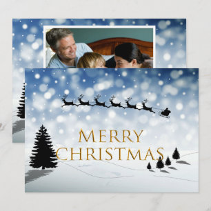 Santa and Sleigh silhouette Snow scene Personalise Holiday Card