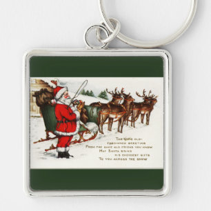 Santa and Sleigh with Reindeer Green Key Ring