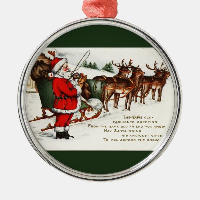 Santa and Sleigh with Reindeer Green Metal Ornament (Front)
