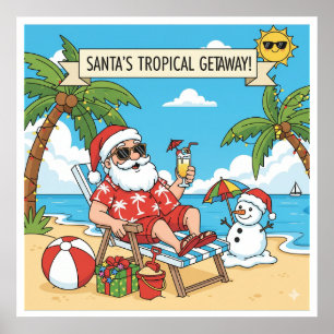 Santa and Snowman at the Beach Poster