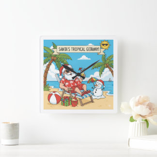 Santa and Snowman at the Beach Square Wall Clock