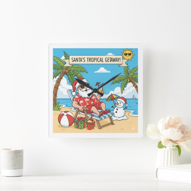 Santa and Snowman at the Beach Square Wall Clock (Home)