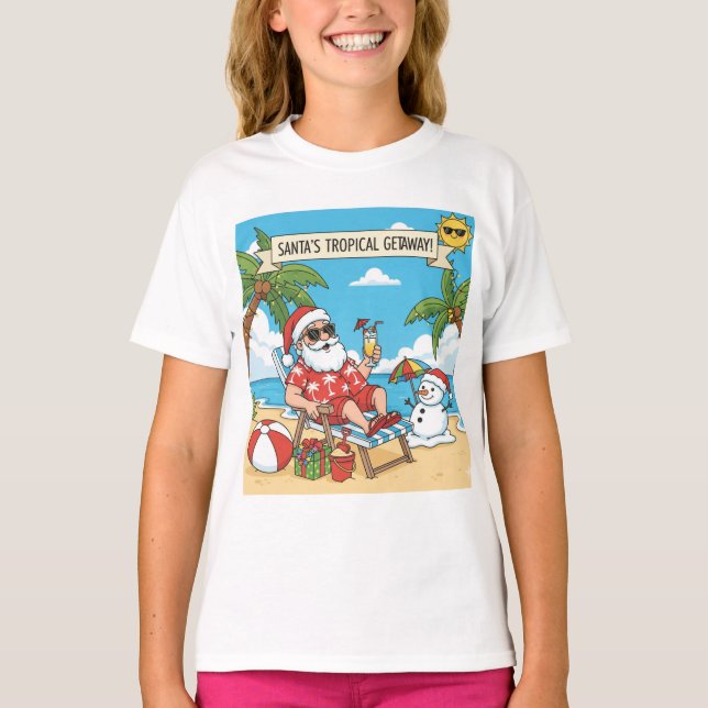 Santa and Snowman at the Beach T-Shirt (Front)