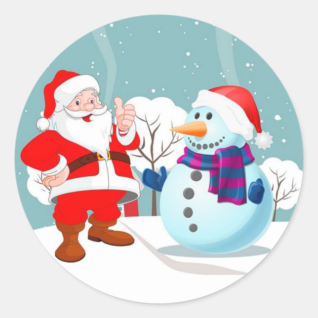 Santa and Snowman Classic Round Sticker (Front)