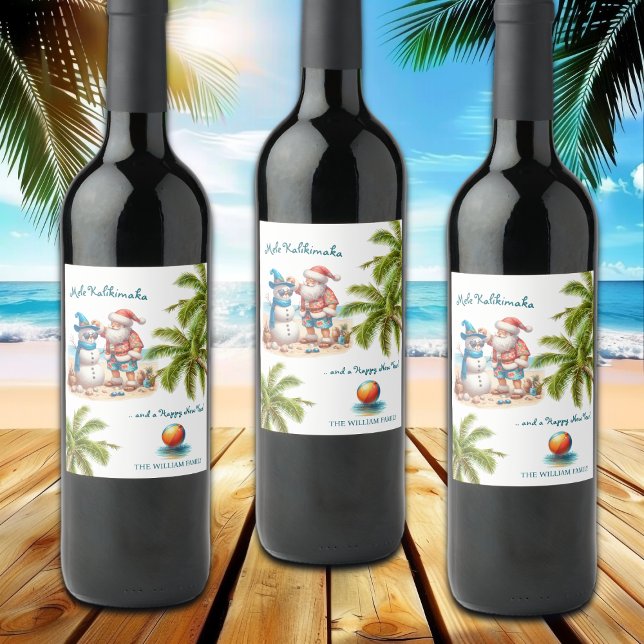 Santa and Snowman Mele Kalikimaka Christmas Wine Label (Creator Uploaded)