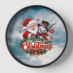 Santa and Snowman Merry Christmas Wall Clock