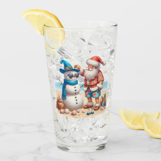 Santa and Snowman Tropical Island Christmas Glass (Front Ice)
