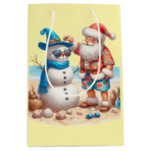 Santa and Snowman Tropical Island Christmas Medium Gift Bag