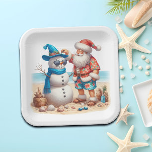 Santa and Snowman Tropical Island Christmas Paper Plate