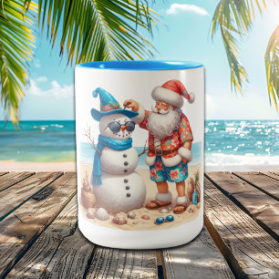 Santa and Snowman Tropical Island Christmas Two-Tone Coffee Mug