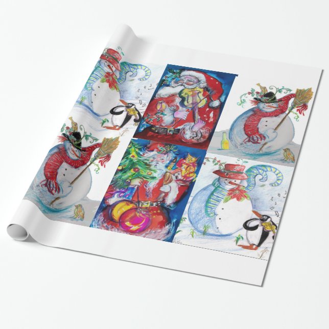 SANTA AND SNOWMEN CHRISTMAS  PARTY WRAPPING PAPER (Unrolled)