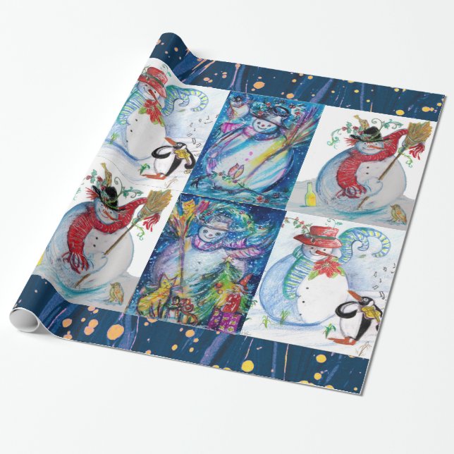 SANTA AND SNOWMEN CHRISTMAS  PARTY WRAPPING PAPER (Unrolled)