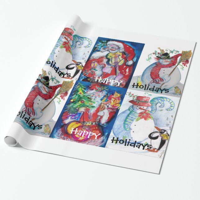 SANTA AND SNOWMEN HAPPY CHRISTMAS HOLIDAYS WRAPPING PAPER (Unrolled)