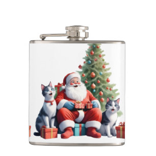 Santa and the cat family open gifts joyfully in pa hip flask