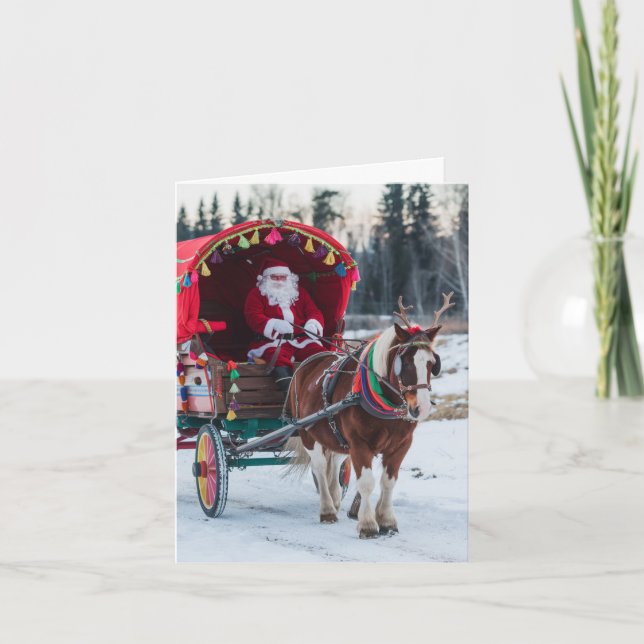 Santa and the Pinto Draught Horse Colourful Wagon Card (Front)