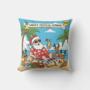 Santa and the Reindeers Tropical Getaway Cushion