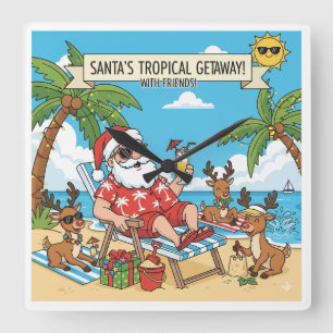 Santa and the Reindeers Tropical Getaway Square Wall Clock