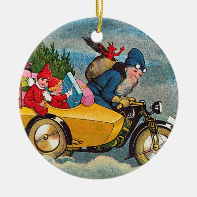 Santa and the Sidecar Ceramic Ornament (Front)
