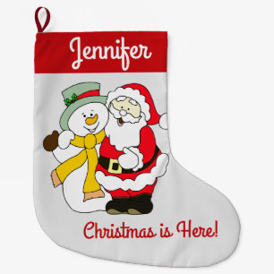 Santa and the Snowman - Christmas is Here! Large Christmas Stocking