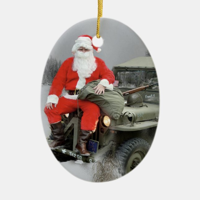 Santa and the WW2 1/4 4x4 Truck Ceramic Ornament (Front)