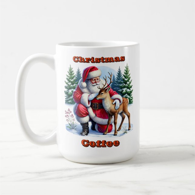 Santa and Young Reindeer in Winter Coffee Mug (Left)